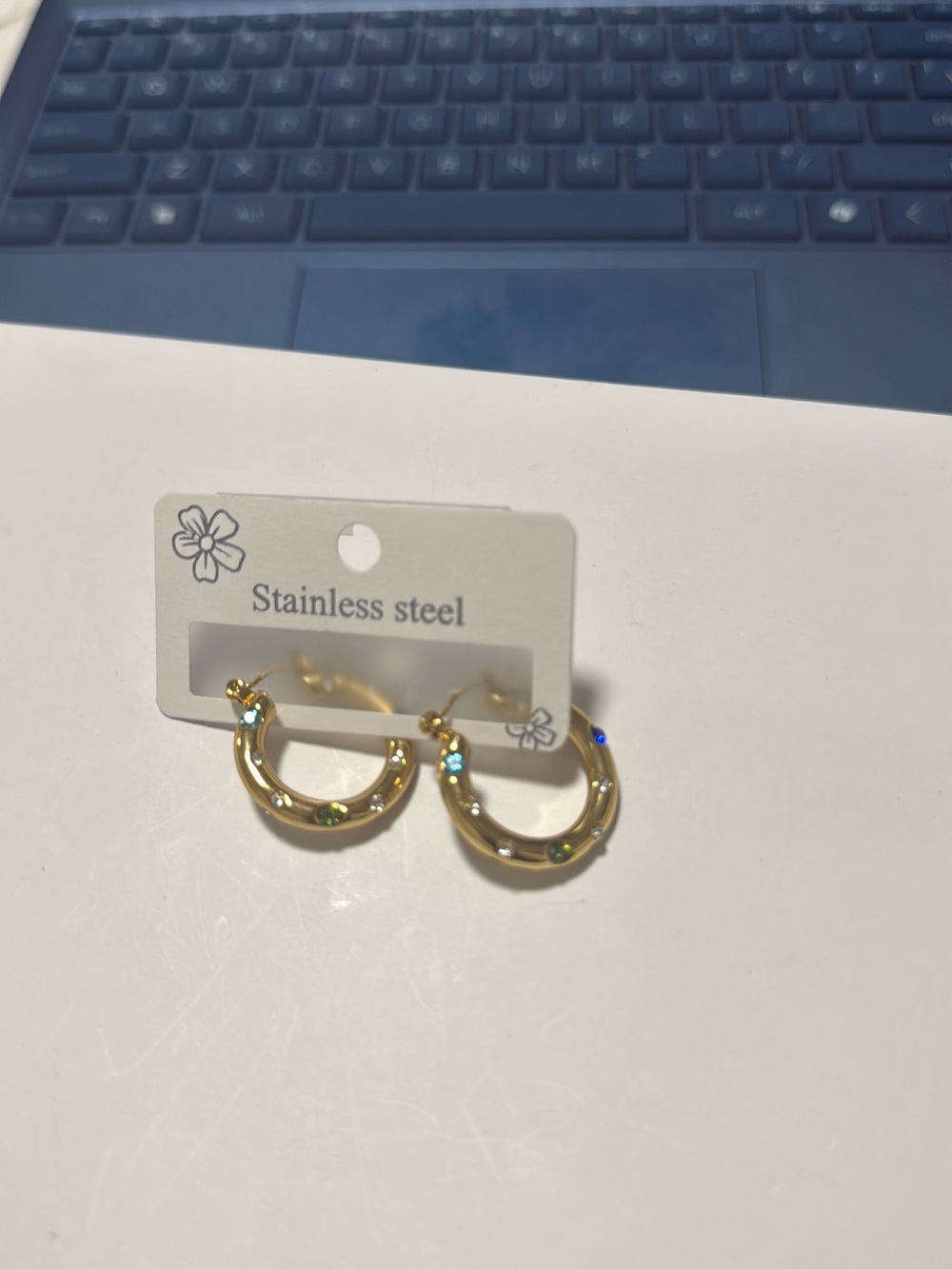 Gold Stainless Steel Hoop Earrings with Multicolor Stones